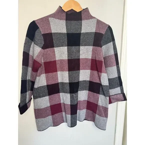 Tahari Mock Neck Sweater Women Size L Gray/Red Plaid Pullover Tartan Knit Top - Picture 1 of 8